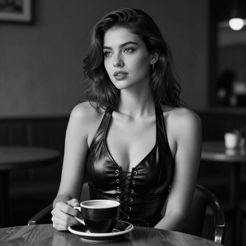 Elegant Woman in Noir Monochrome Cafe