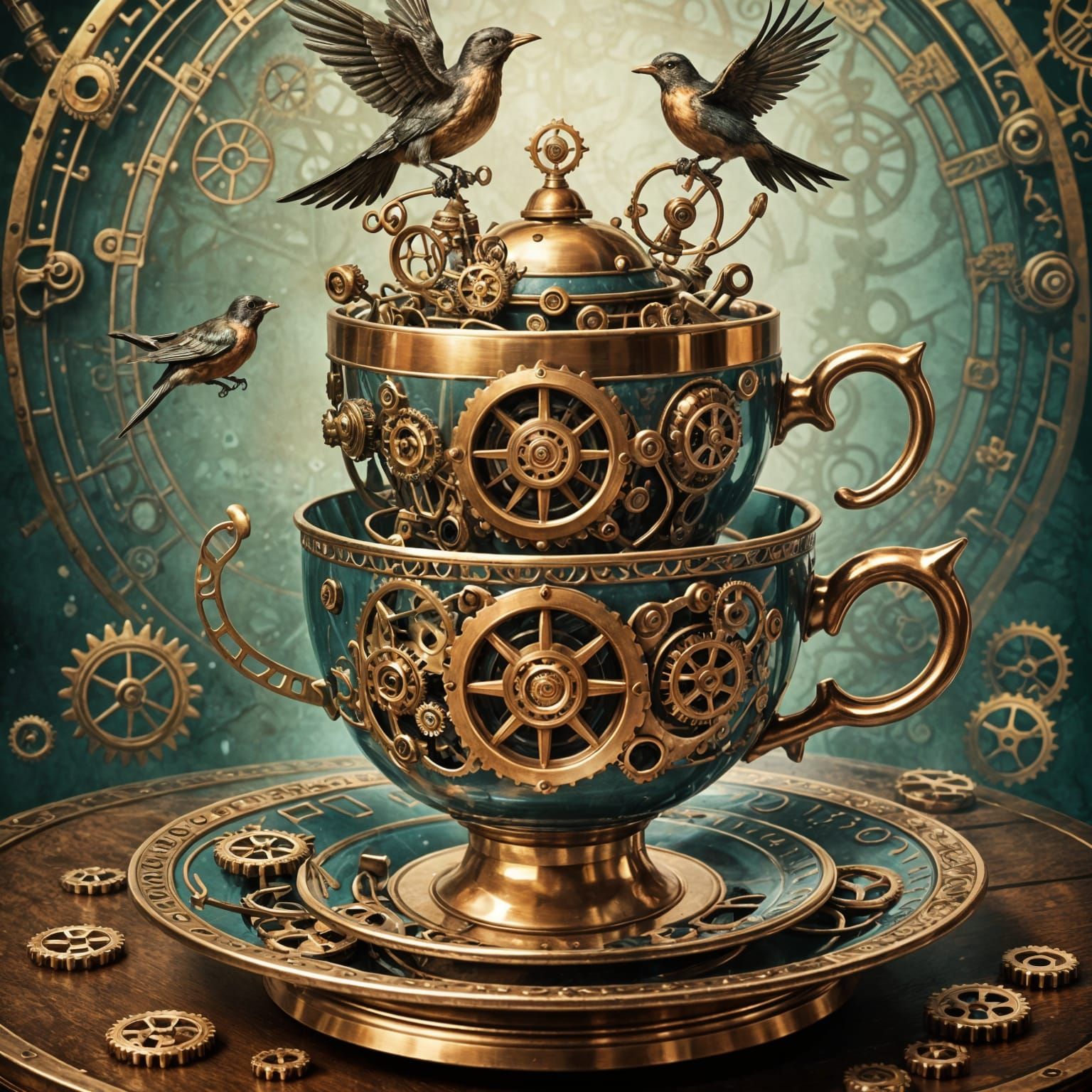 Steampunk Teacup with Mechanical Birds Digital Illustration