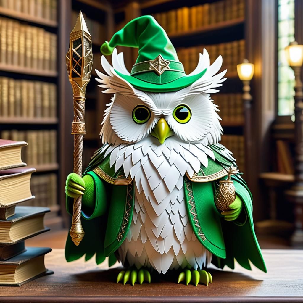 view of green Duolingo owl wearing wizard clothes with long ...