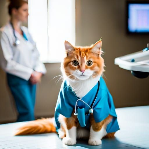 Fluffy Cat Doctor in Operating Room