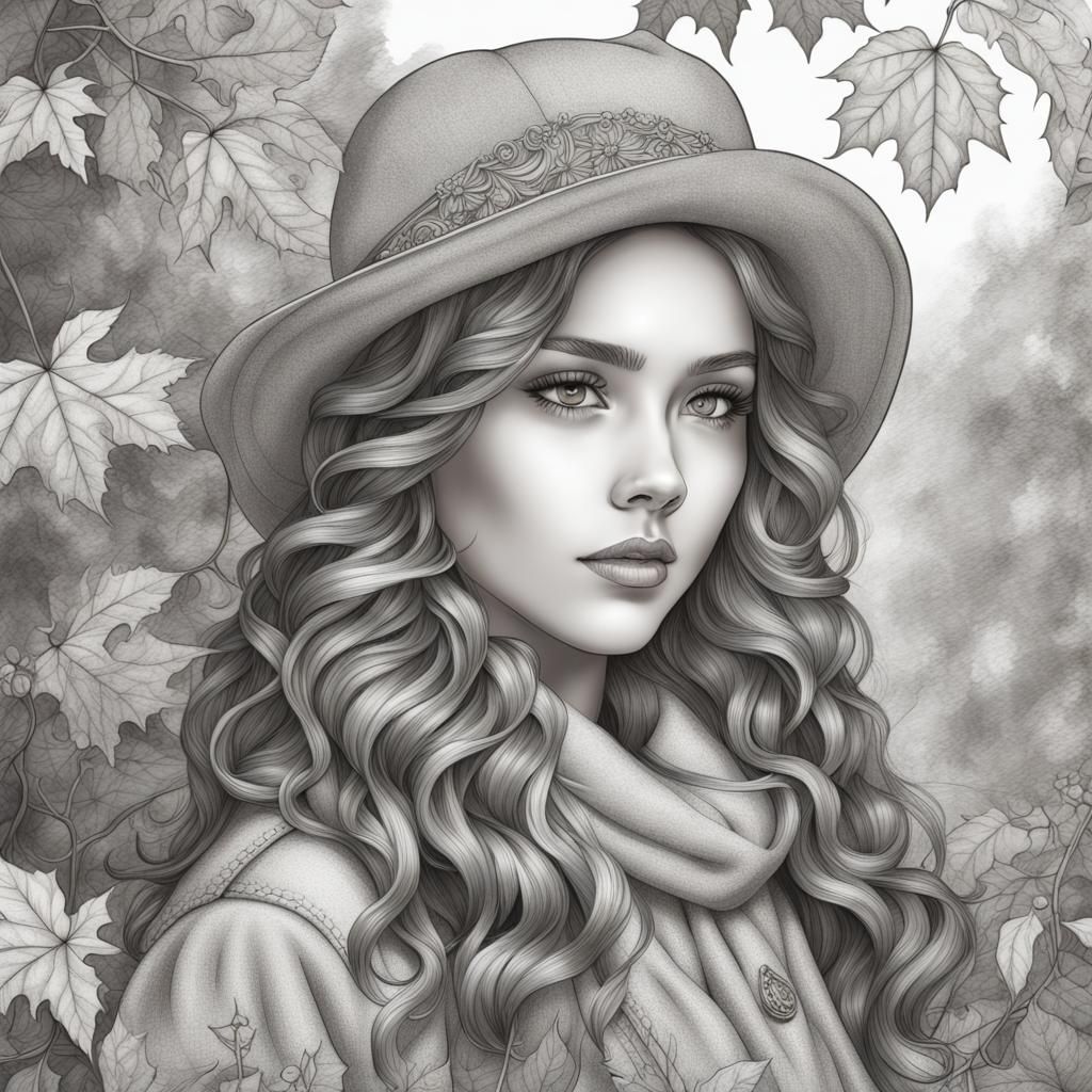 Autumn Girl Grayscale Coloring Page: Detailed Vintage Art
