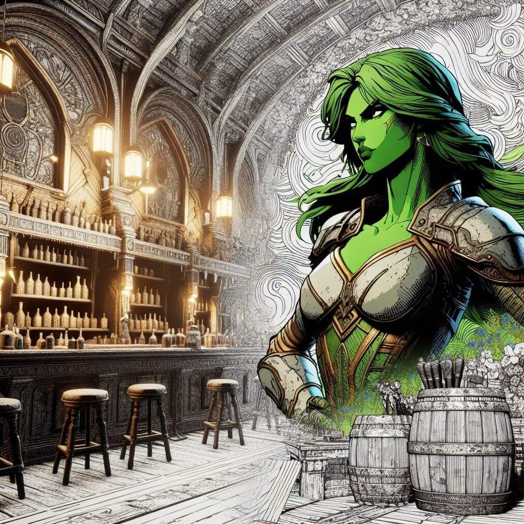 Fantasy Greenskin Woman in Comic Style Bar