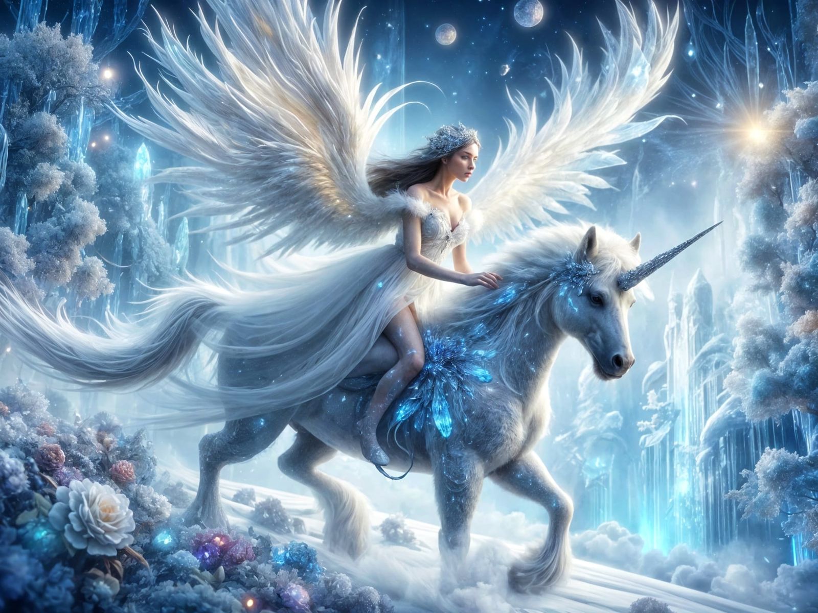 Ethereal Angel Rides Unicorn in Winter Forest