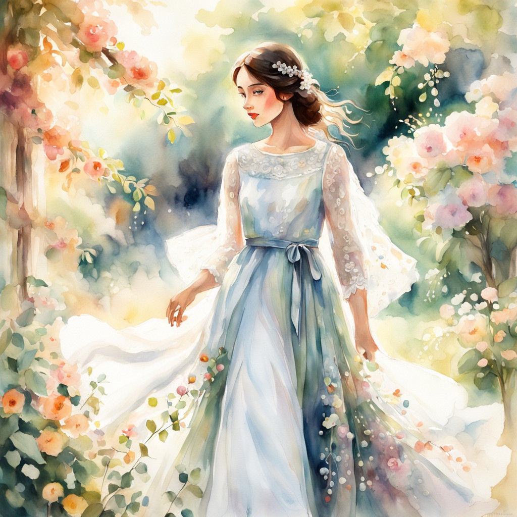Ethereal Watercolor Garden Scene with Refined Woman