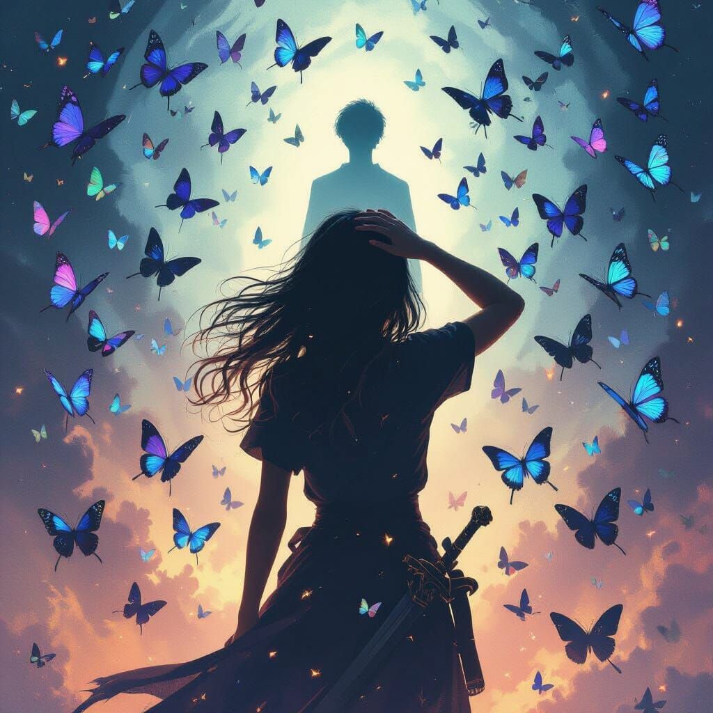 Eerie Girl with Sword and Butterflies in Matte Painting Styl...