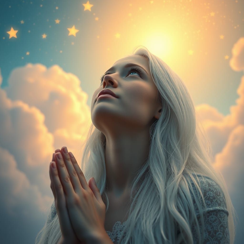 Ethereal Woman Praying in Dreamy Surreal Scene