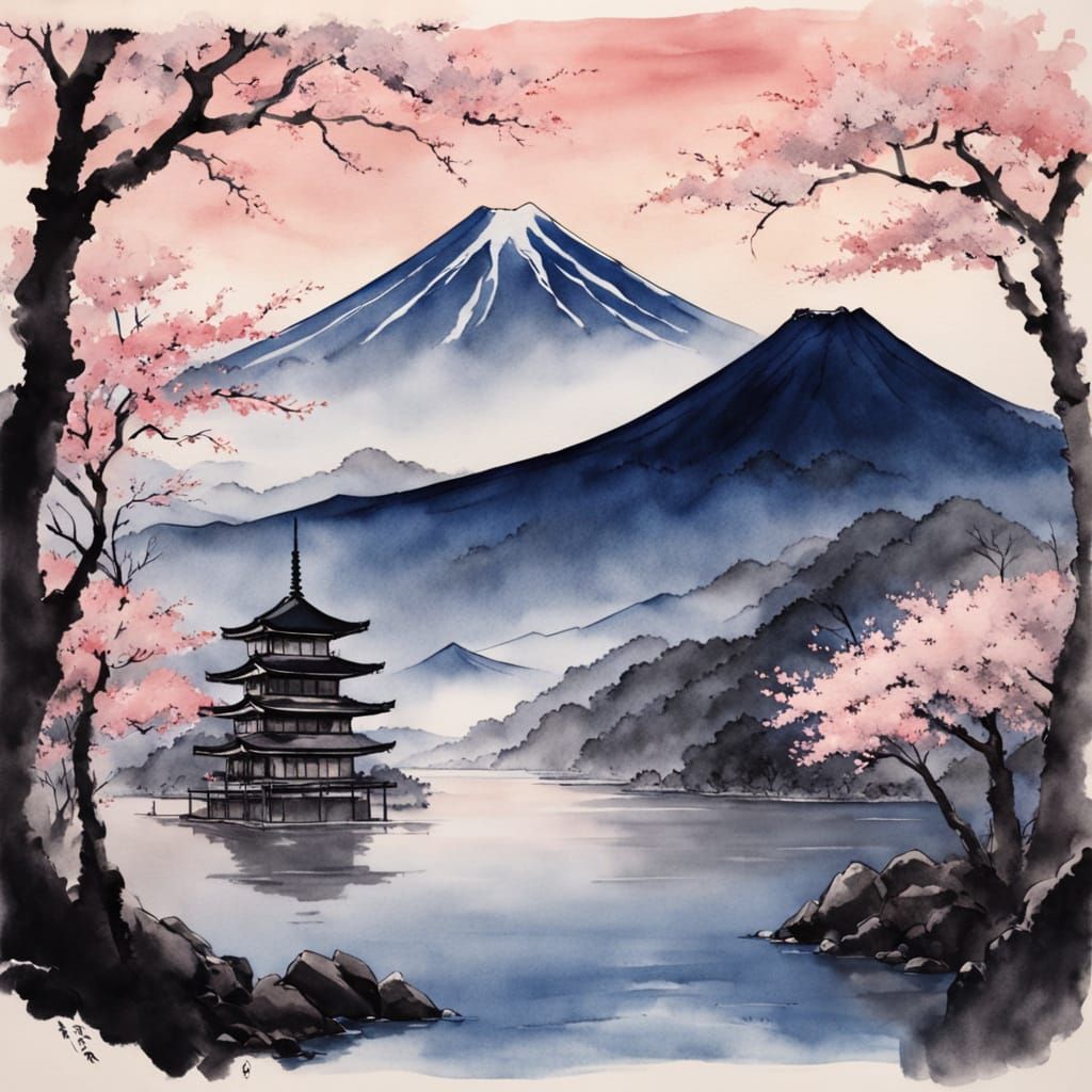 Samurai Meditating at Mt. Fuji Dawn in Sumi-e Style