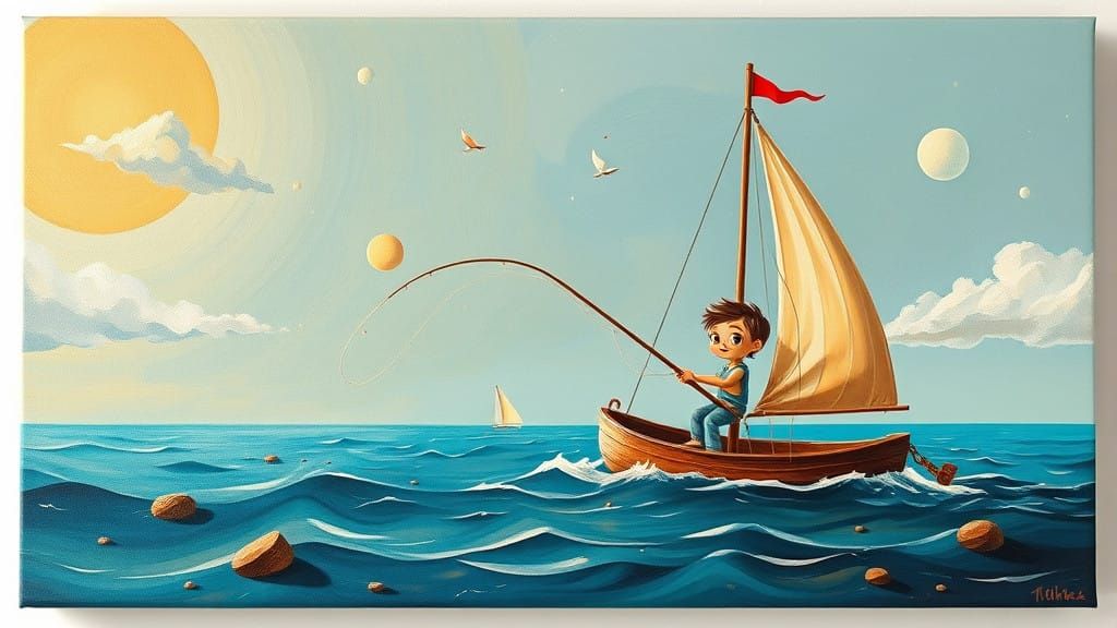 Surreal Sailorboy Enjoys Fishing in a Melting World