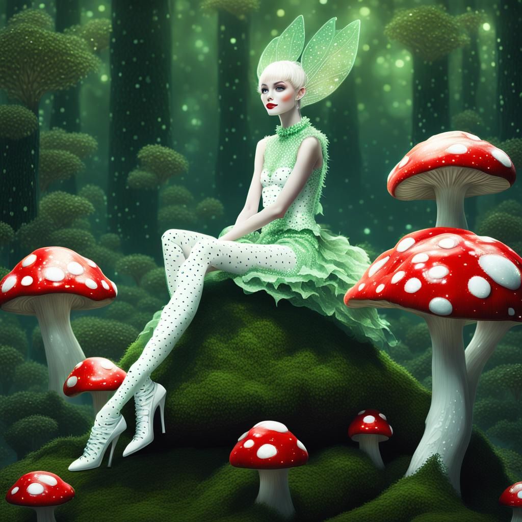 Alien Fairy on Mushroom in Dreamy Landscape