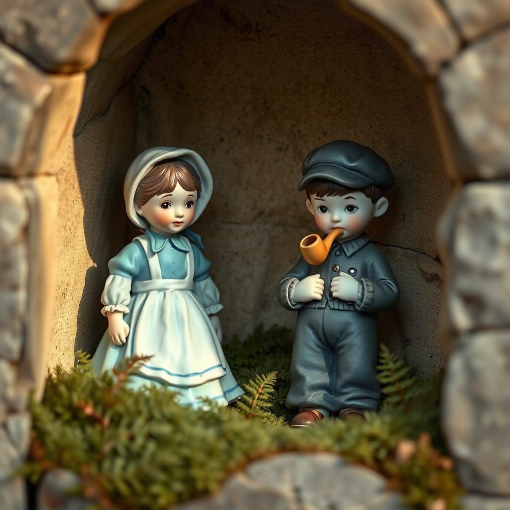 Vintage Rural Children Figurines in Stone Alcove