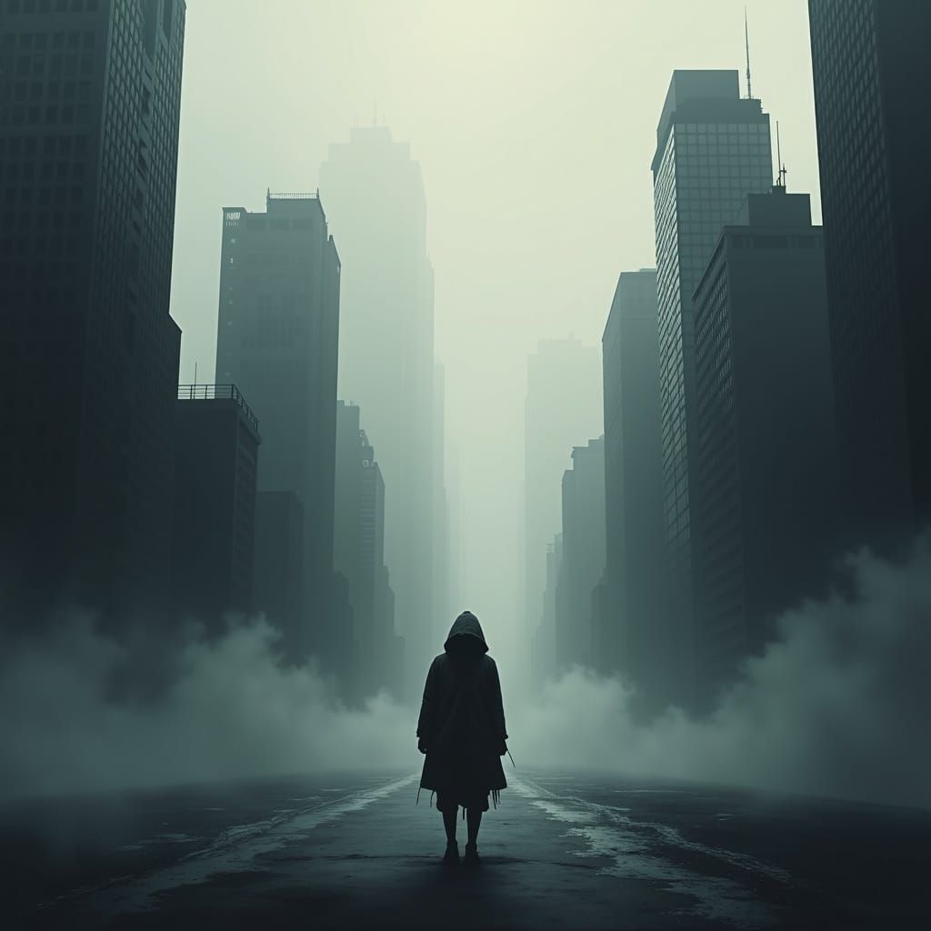 Surreal Cityscape Under Crushing Despair in a Muted, Grey Hu...