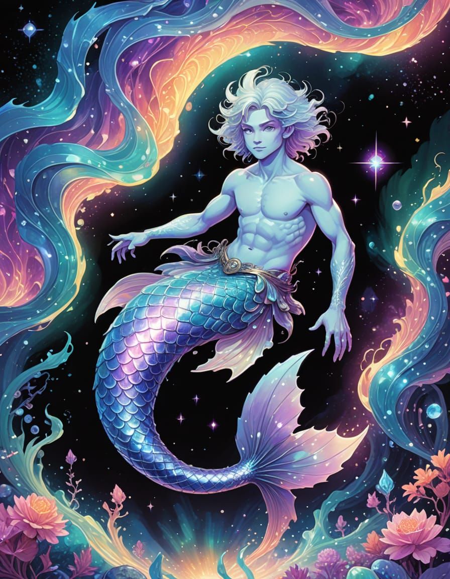 Manga Merman in Space with Bioluminescent Plants