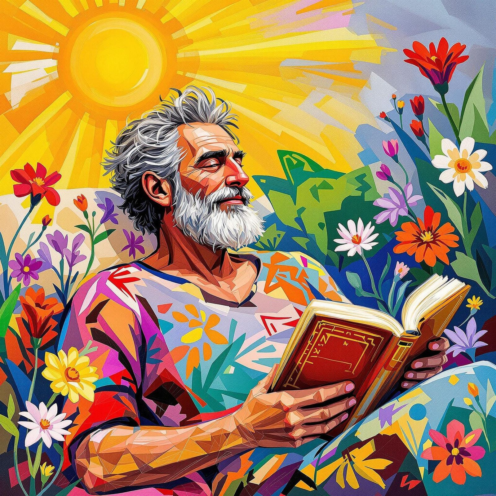 Joyful Poet in a Vibrant Mediterranean Scene