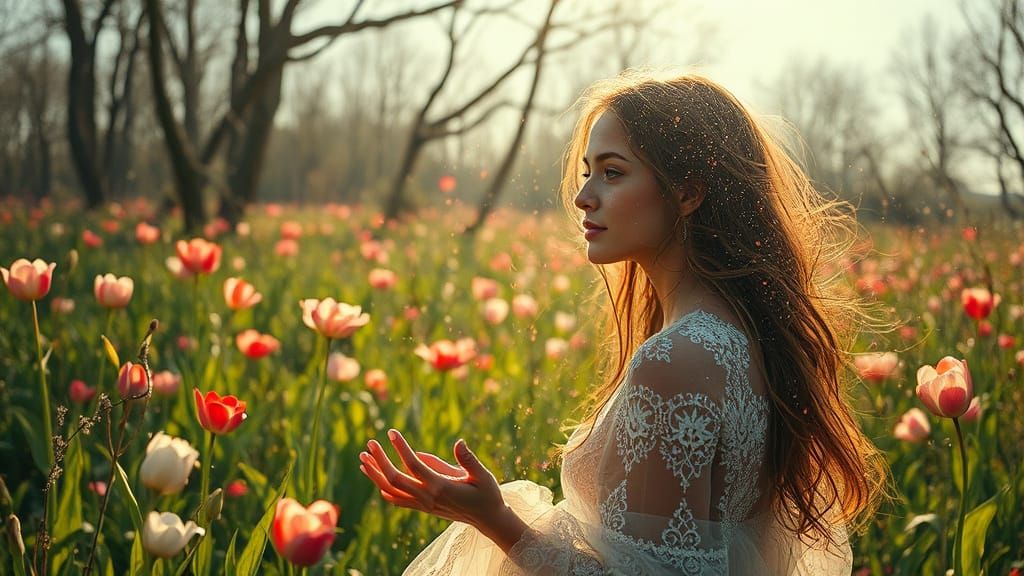 Woman Transcends Decay in Vibrant, Iridescent Aura