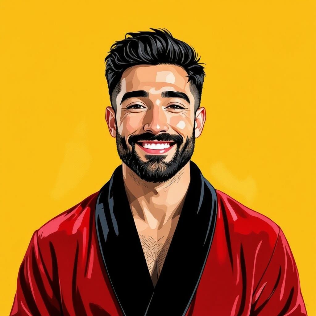 Joyful Man in Red Velvet Bathrobe: Impressionist Gouache Mas...