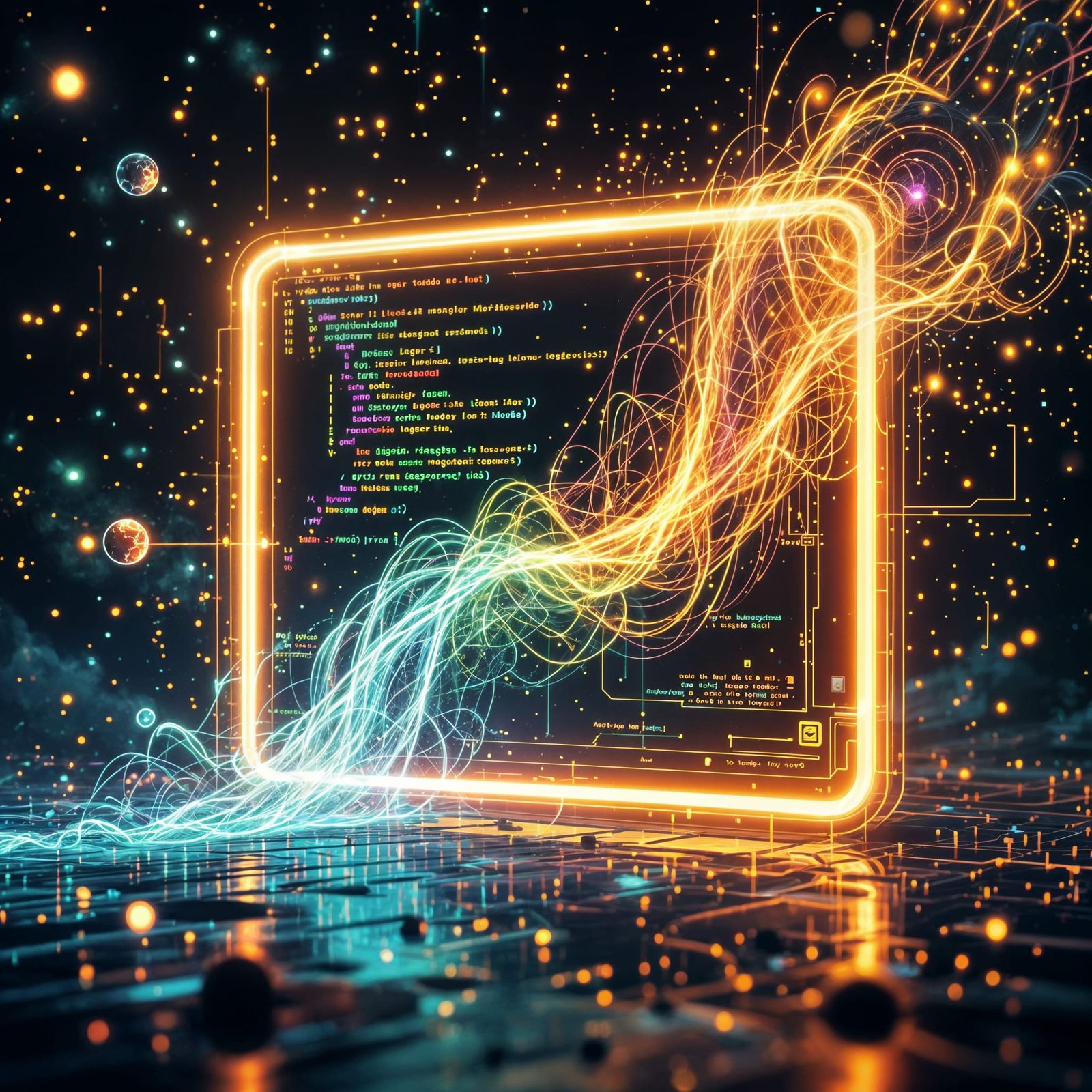Glowing Computer Screen Portal With Liquid Data Streams