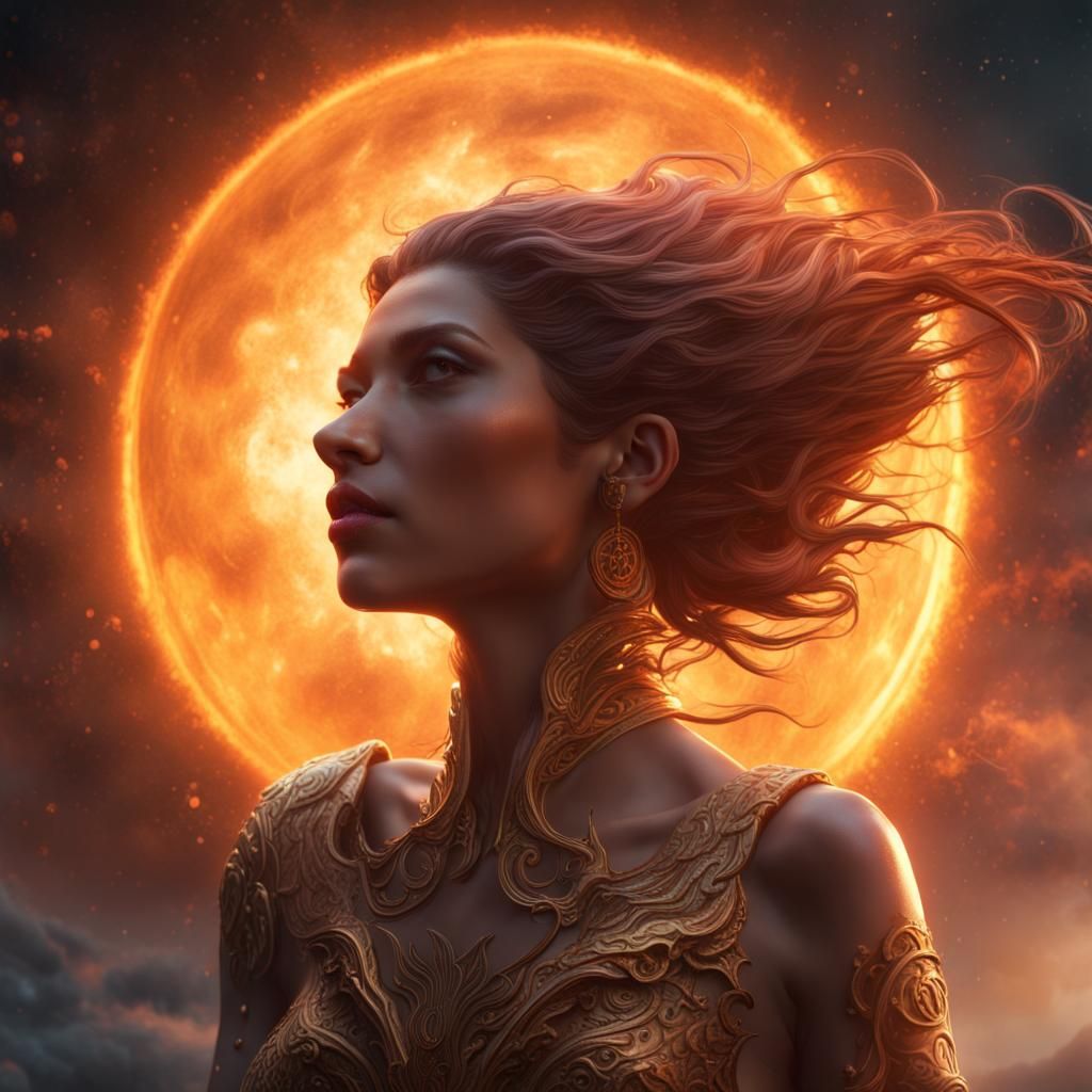 Celestial Woman Breathes Wind Soul Around Sun