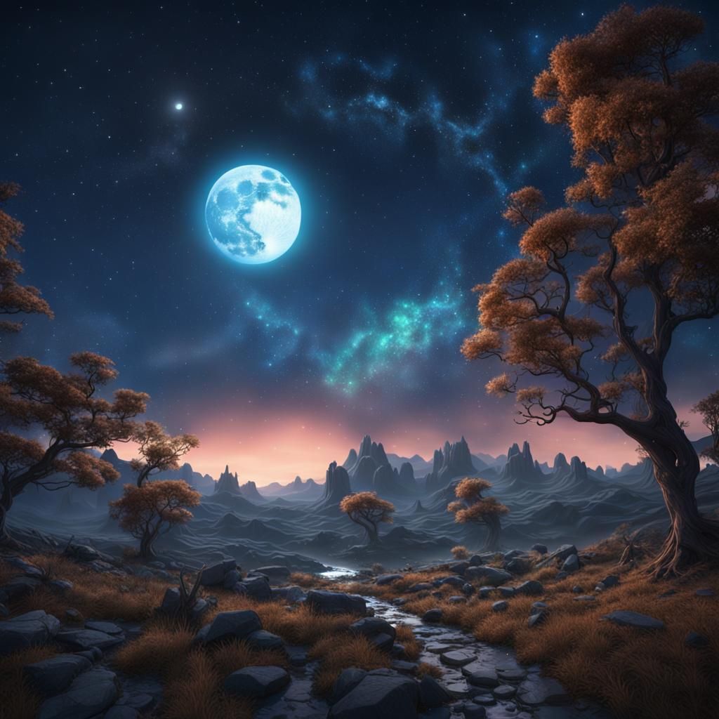 Enchanting Starry Sky with Moon, Detailed Matte Painting