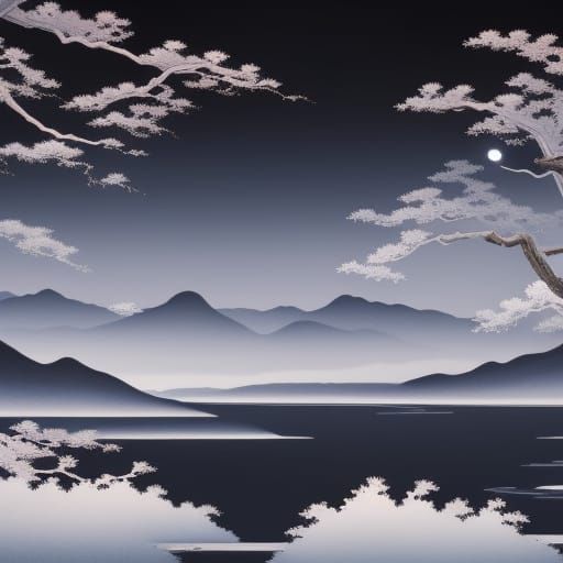 Night Scene with White Branches in Ukiyo-e Style