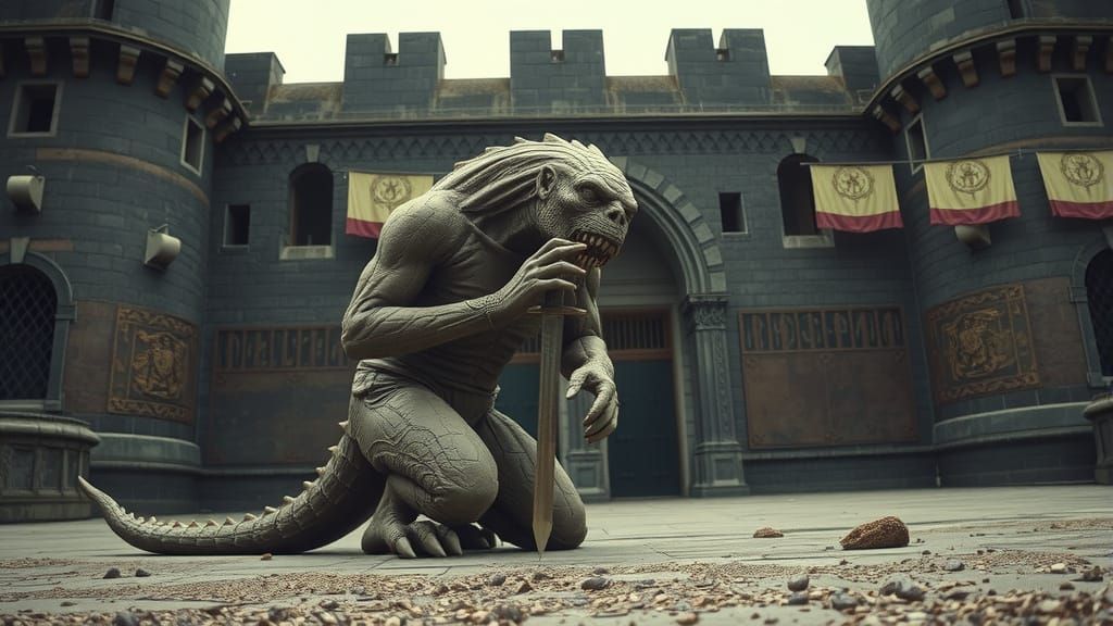 Giant Clay Golem Guarding a Medieval Castle