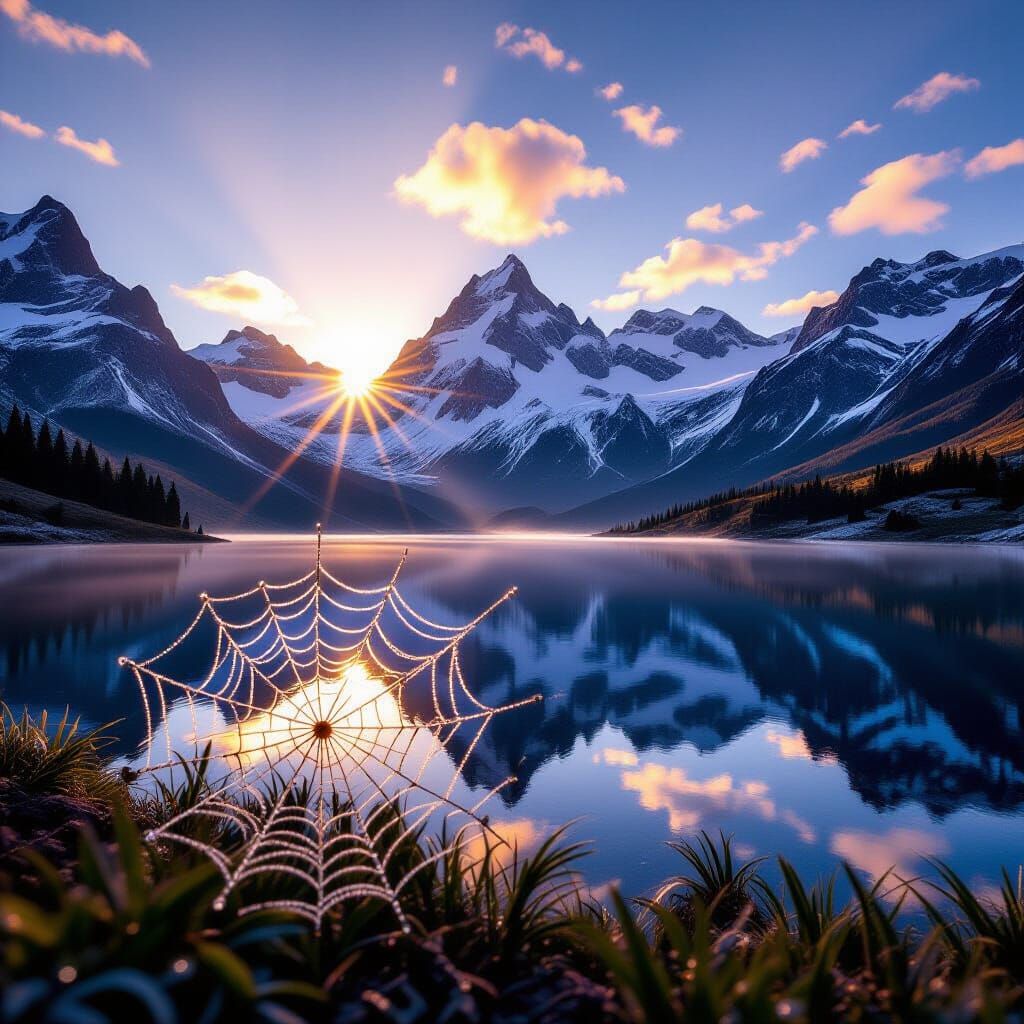 Hyper-Realistic Mountain Dawn Landscape with Macro Details