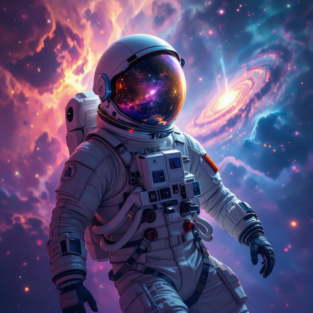 Astronaut Drifting in Vivid Nebula, Reflecting Alien Galaxy