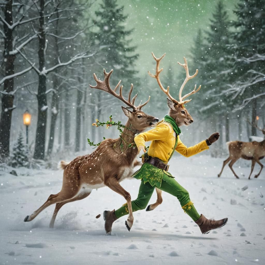 Whimsical Elf Chases Reindeer in Winter Wonderland