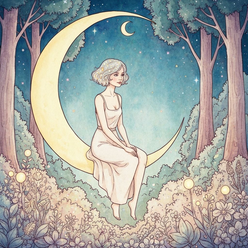 Ethereal Woman on Crescent Moon Above Enchanted Forest