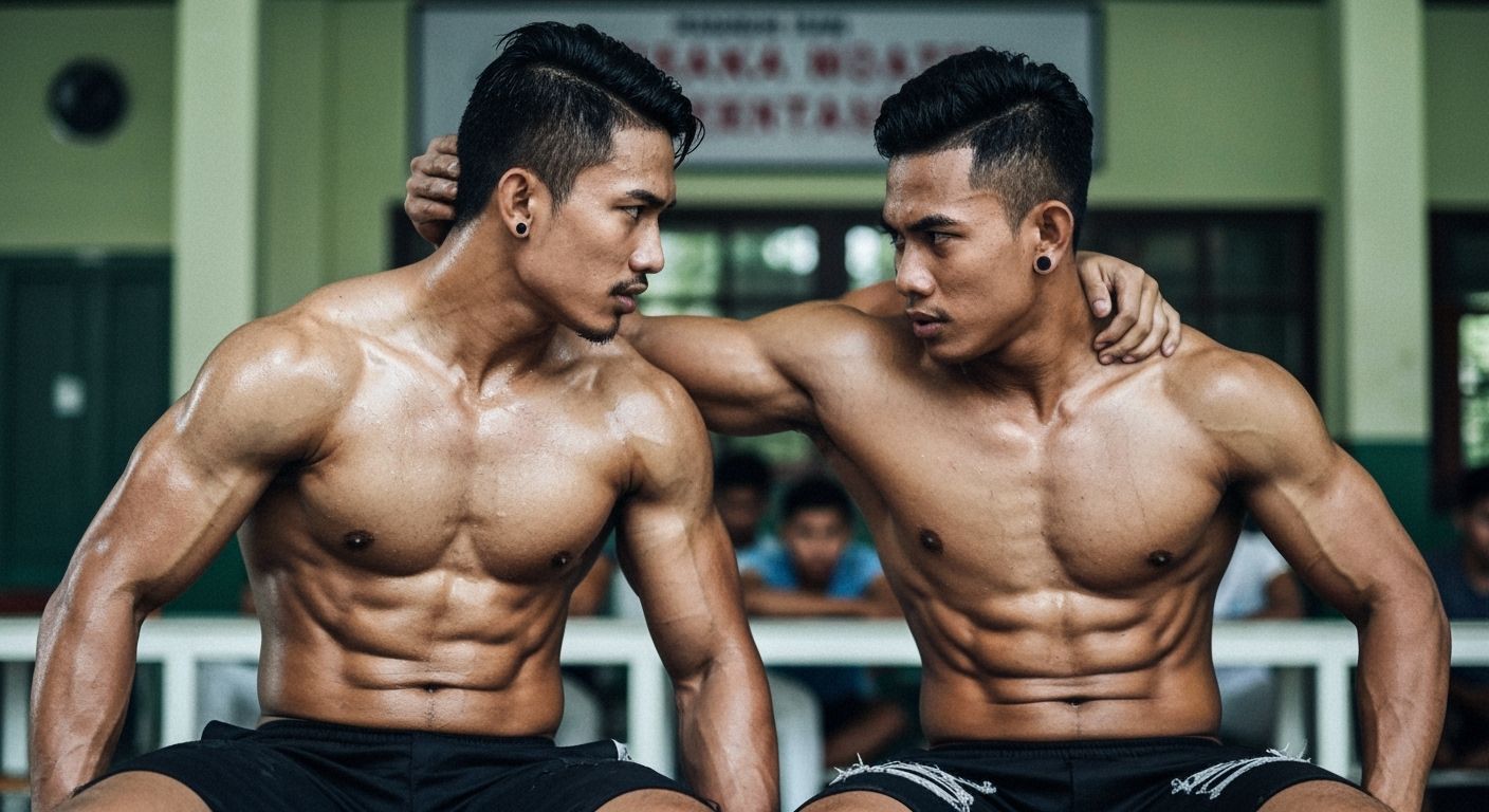Muscular Men Embracing in Intense School Scene