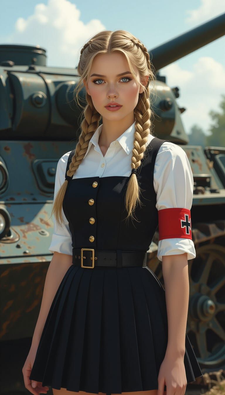Woman in German Uniform Beside Tiger Tank, Hyperrealistic