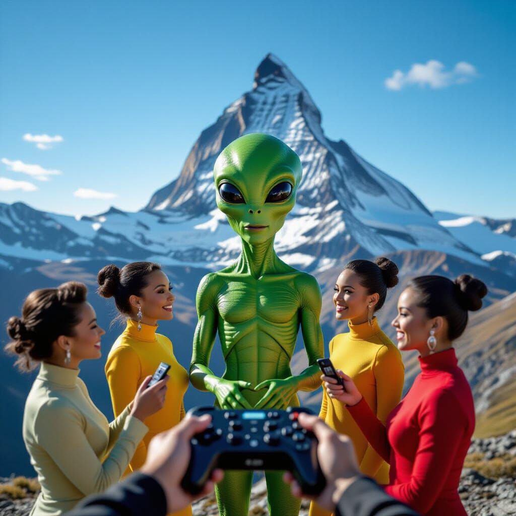 Green Alien Surrounded by Uhuras on Mountain