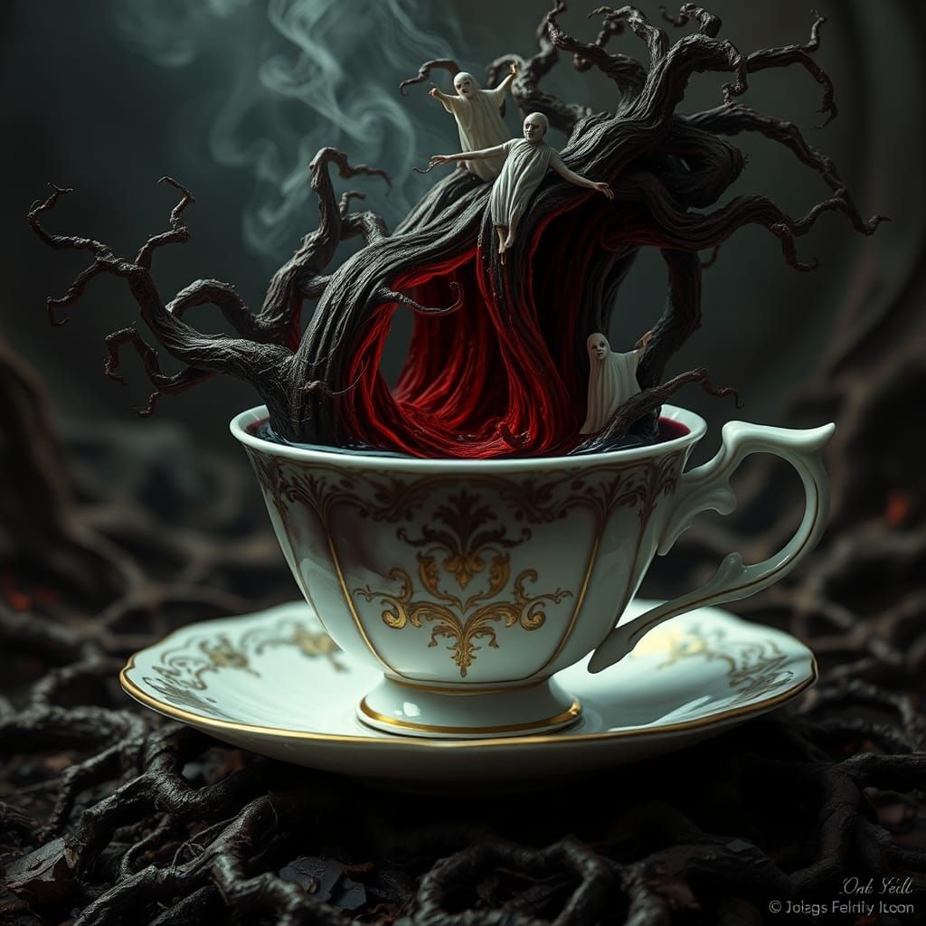 Surreal Teacup Vortex in Dark Fantastical Style