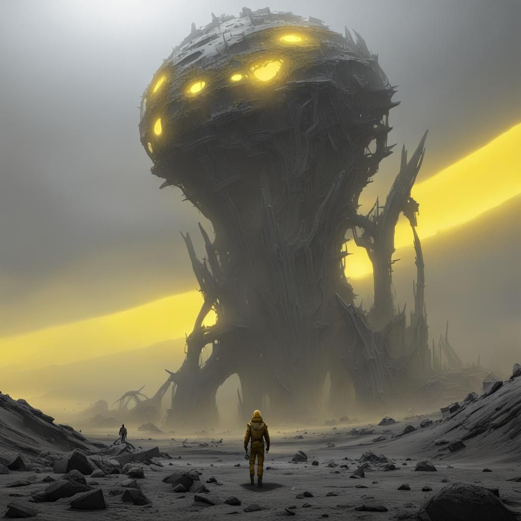 Barren Planet with Collapsed Structure in Dark Fantasy Art