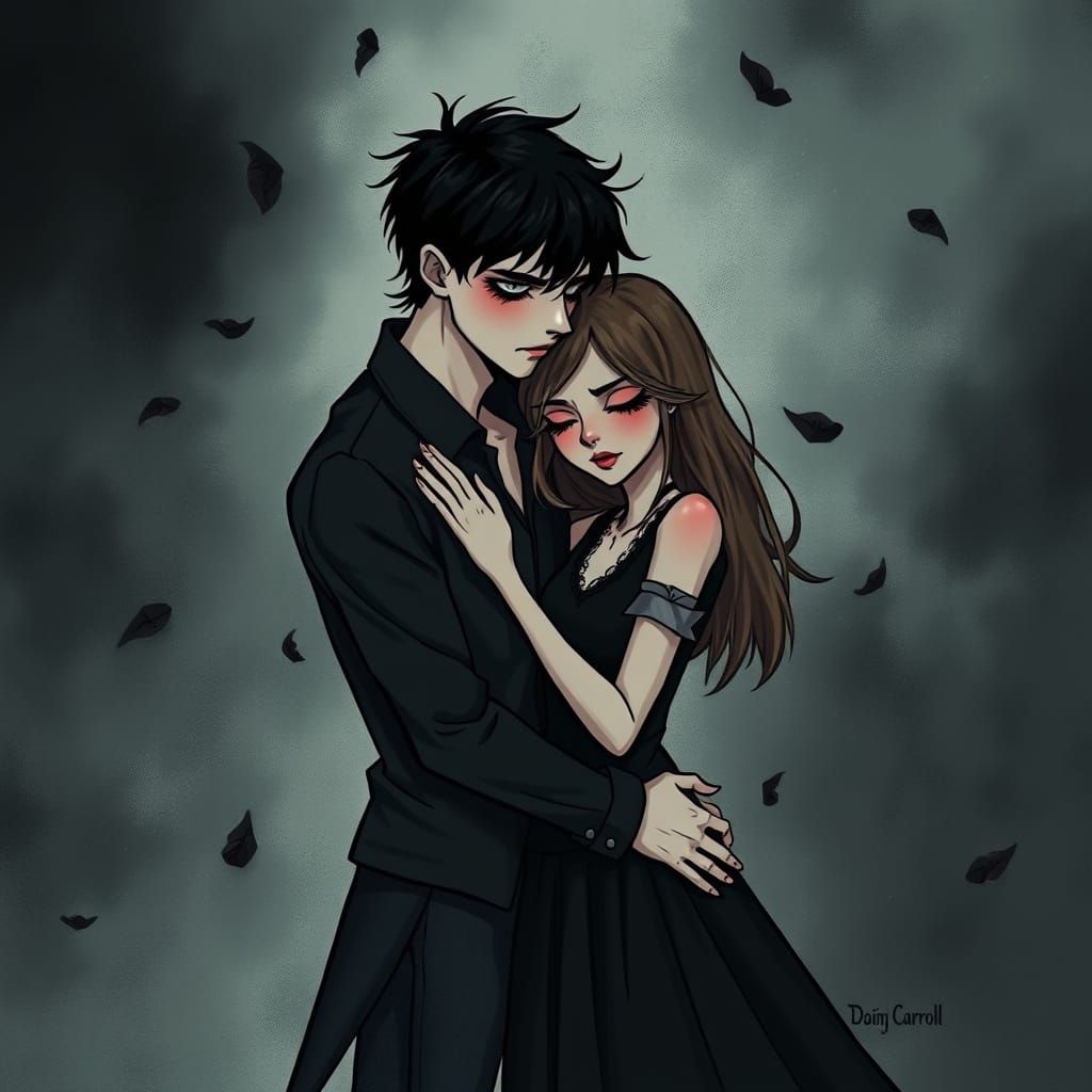 Gothic Emo Couple Lost in Swirling Ashes
