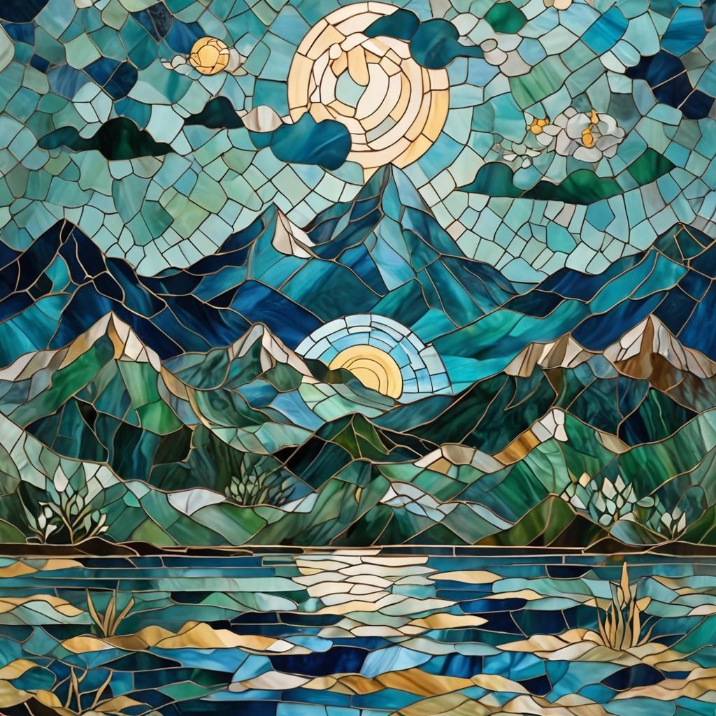 Stained Glass Mosaic: Moonlit Lake with Alchemy Symbols