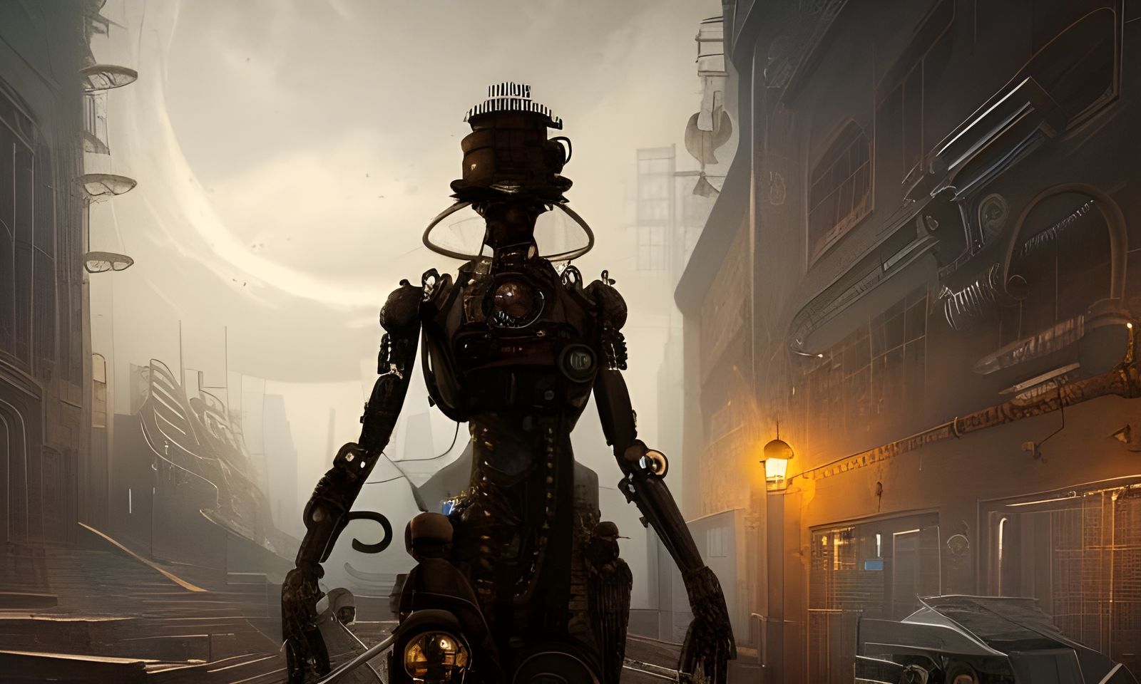 Steampunk Cyborg in Desolate Cityscape