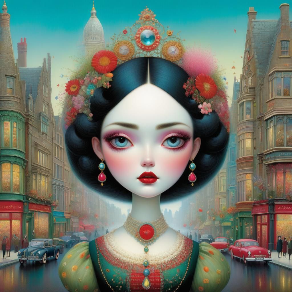 a highly detailed illustration of a beautiful young women in city 2023, by Mark Ryden,Yvonne Coomber,Harry Clarke,Steven...