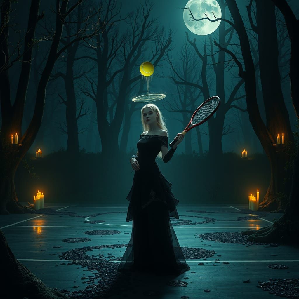 Mystical Tennis Player in Dark Fantasy Art Nouveau Style