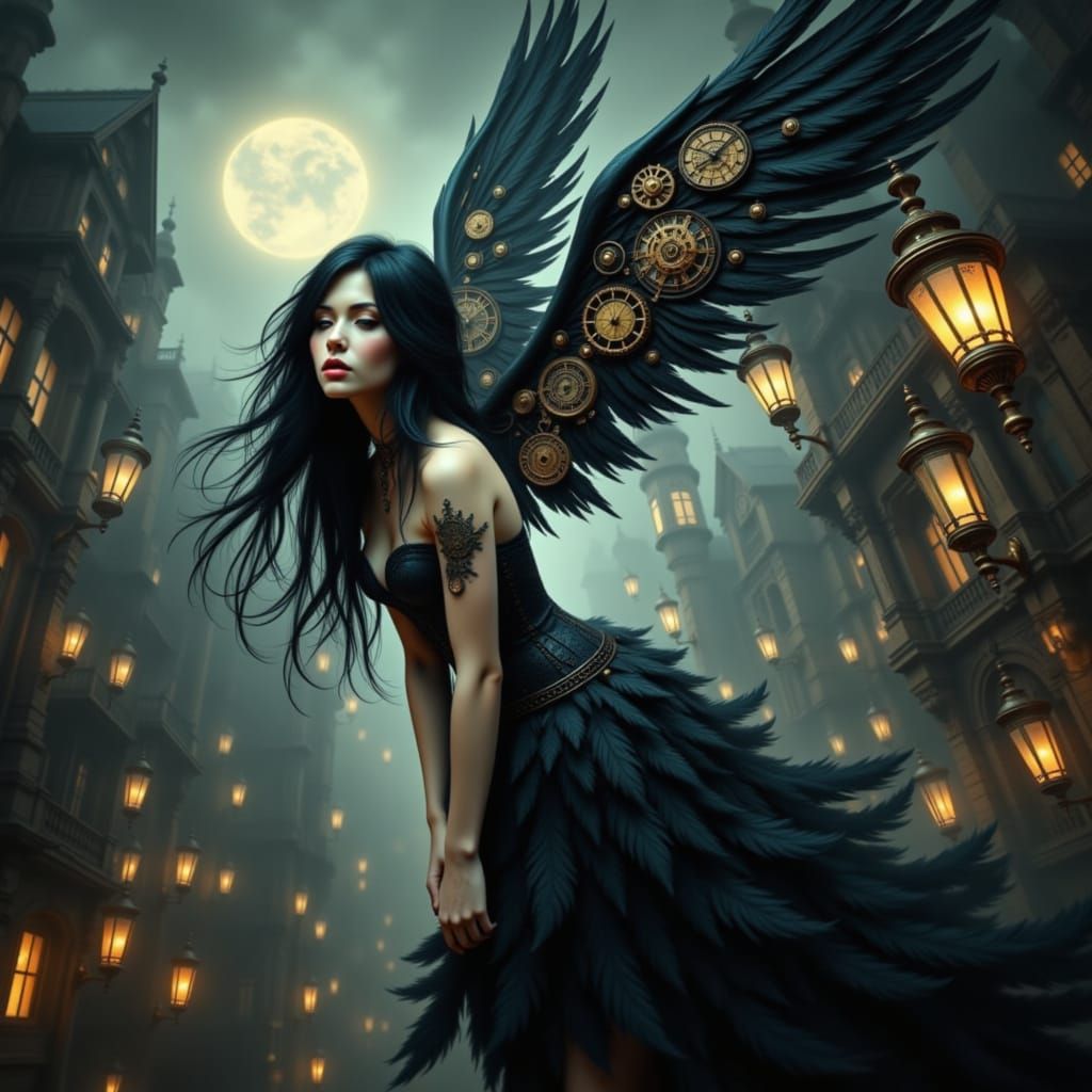 Clockpunk Fallen Angel in Dystopian Cityscape