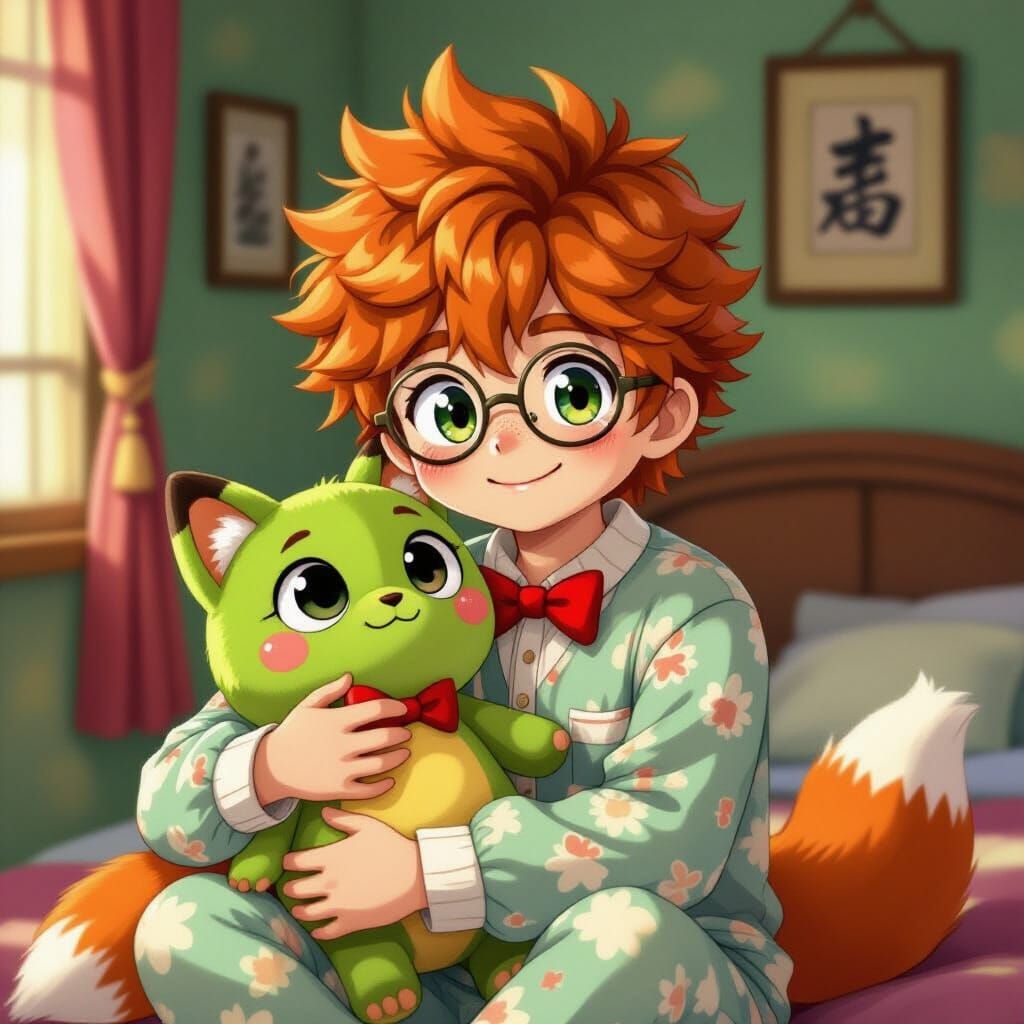 Adorable Fox Boy in Anime Style Bedroom