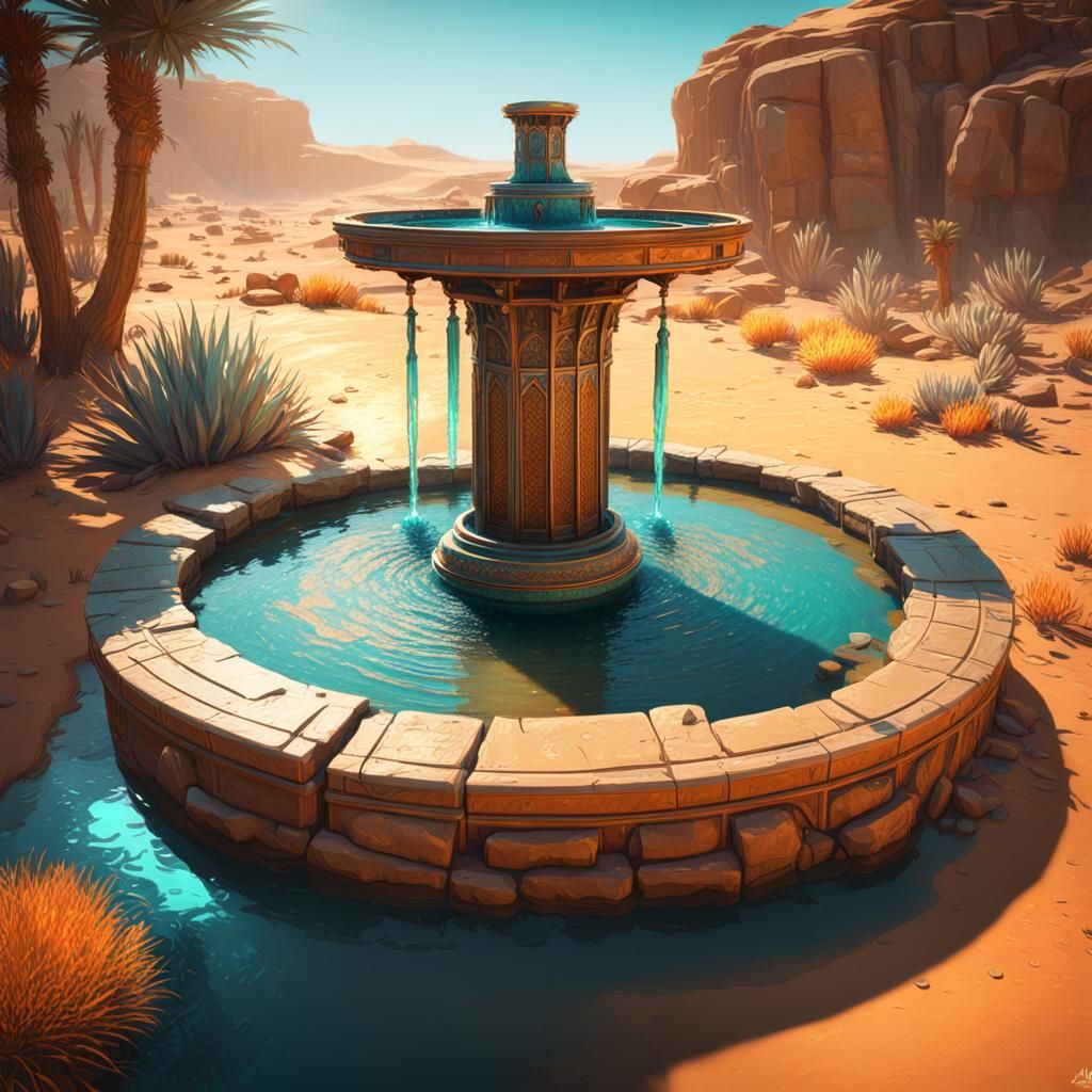 Desert Oasis Water Well in Art Nouveau Style