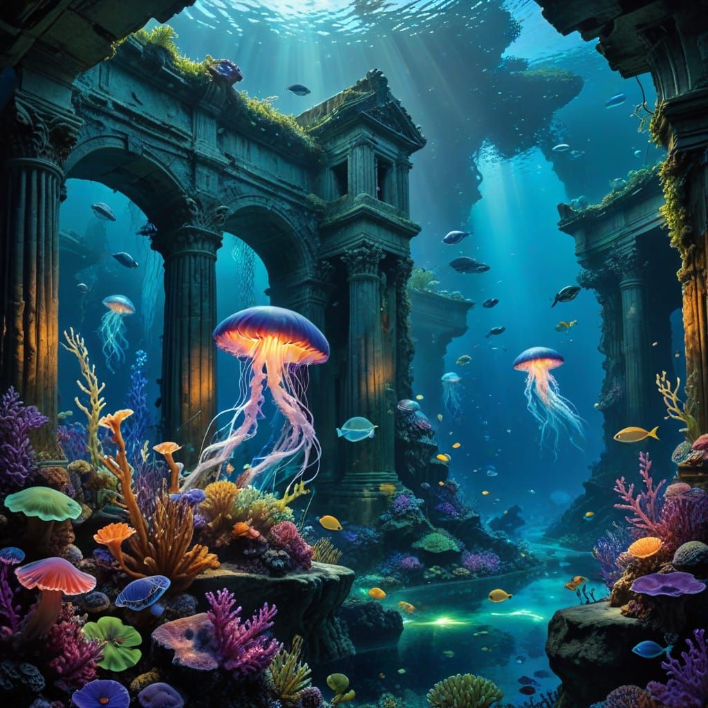 Bioluminescent Coral Reef With Exotic Fish and Ruins