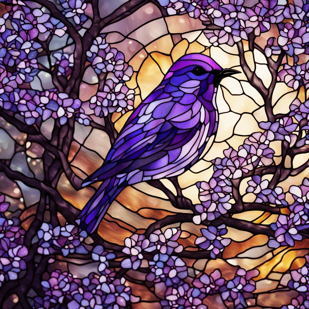 Whimsical Stained Glass Tree with Purple Flowers