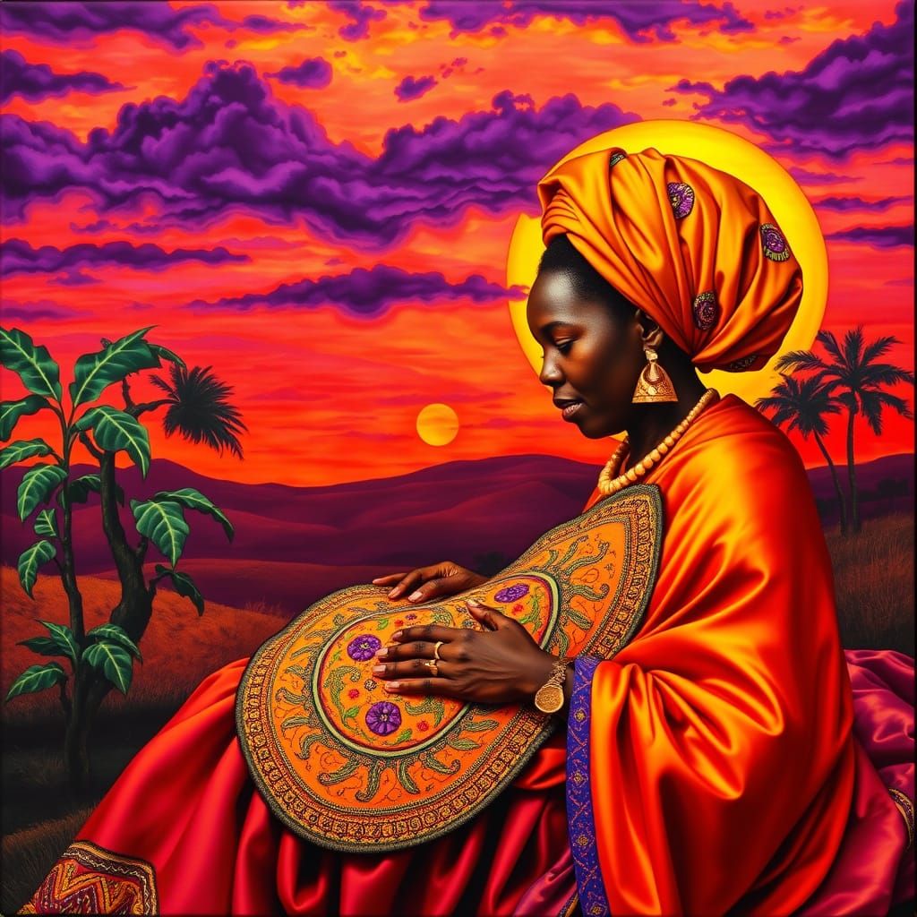 African Woman Quilting in Sunset Splendor