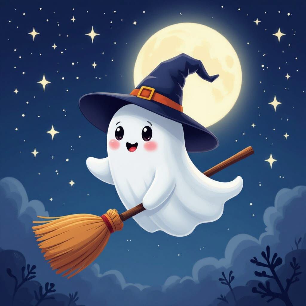 Whimsical Ghost Flies on Broomstick Under Starry Night