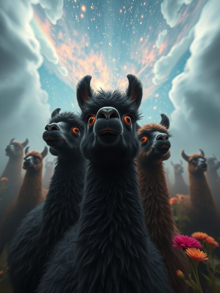 Surreal Celestial Llamas in Bioluminescent Forest