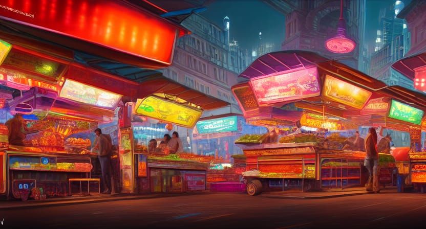 Futuristic Market Street in Maximalist Digital Art