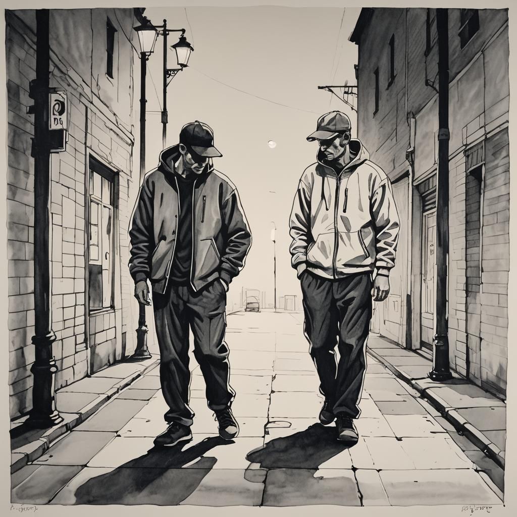 Moody Black Ink Drawing of Two Men Under Streetlight