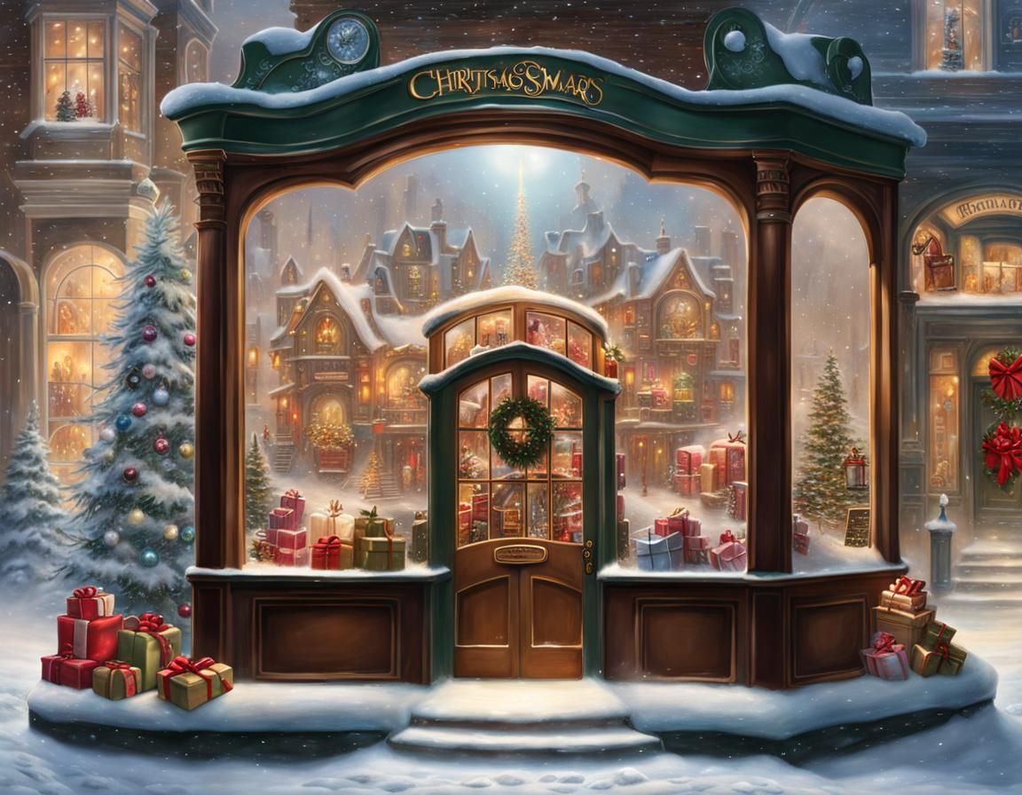 Christmas Storefront with Jesus in Hyperdetailed Fantasy Sty...