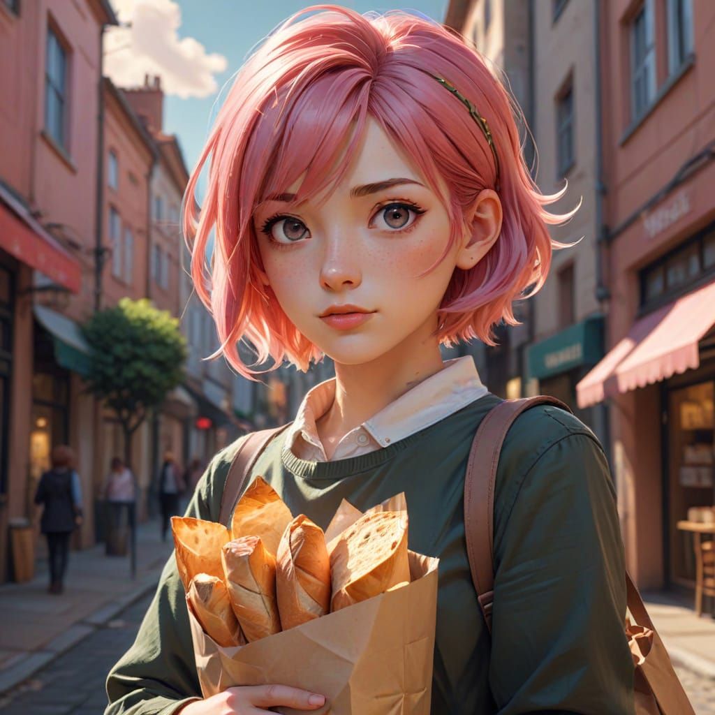 Anime Girl with Baguette in Manga Style